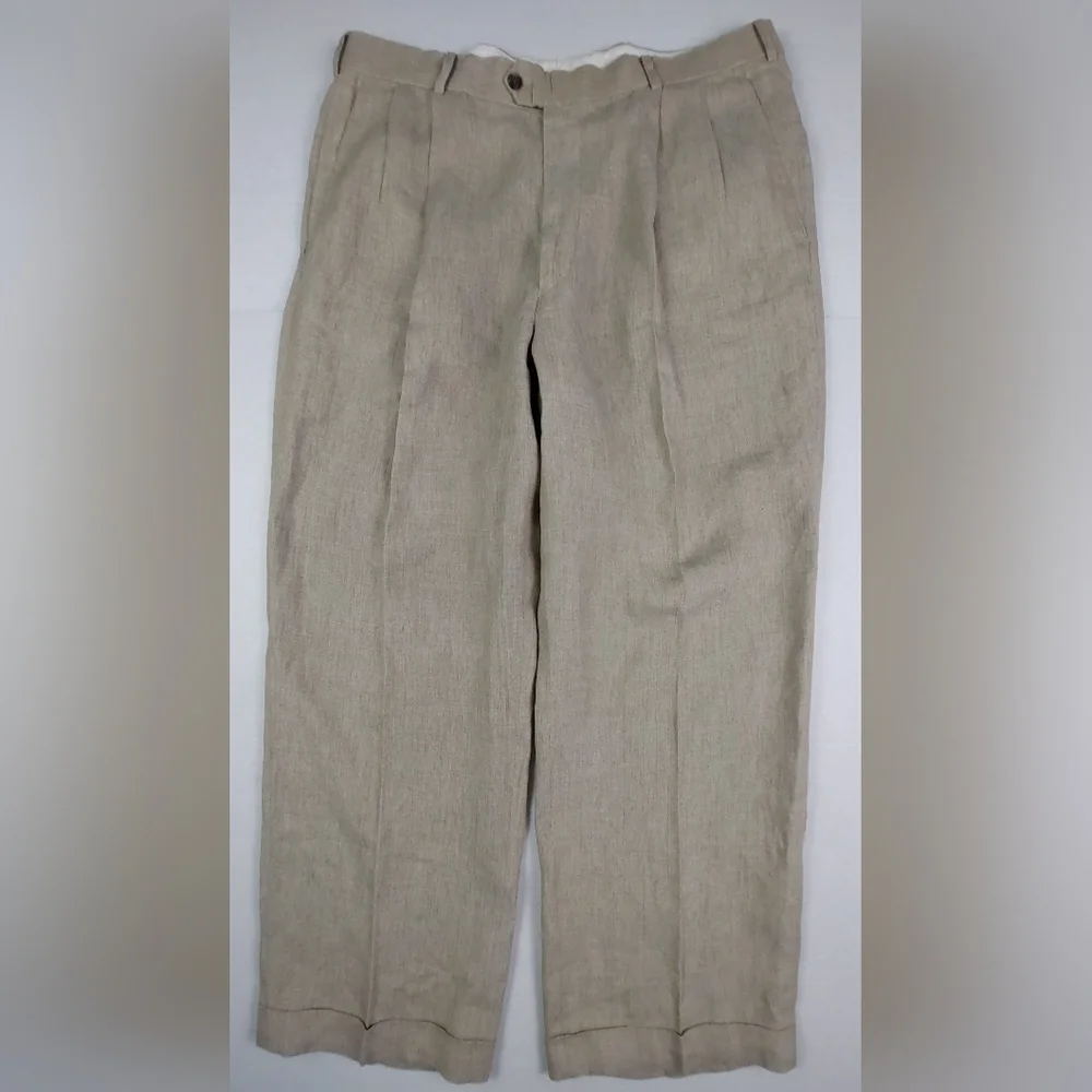 Paul Fredrick Dress Pants Mens Size 38x29 Beige Tan 100% Linen Pleated Cuffed